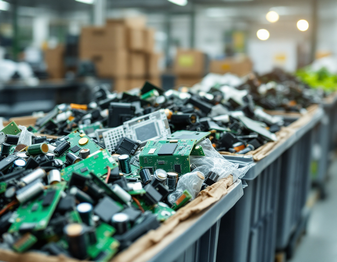 Sorted batteries, circuit boards and monitors ready for recycling